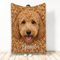Goldendoodle throw blanket featuring a close-up curly golden dog design in warm brown tones
