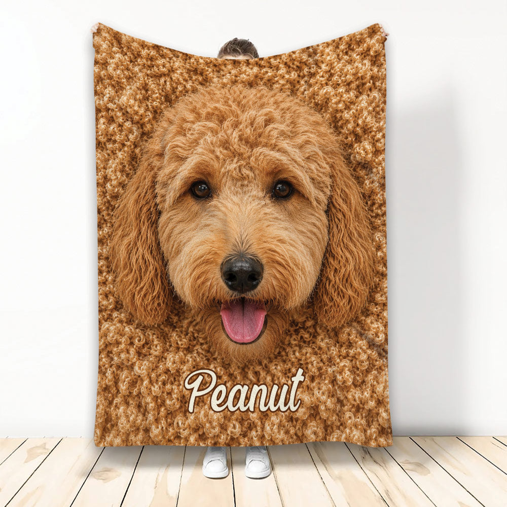 Goldendoodle throw blanket featuring a close-up curly golden dog design in warm brown tones