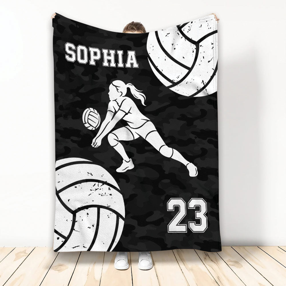 Black camouflage volleyball blanket featuring a female player silhouette and bold sports artwork