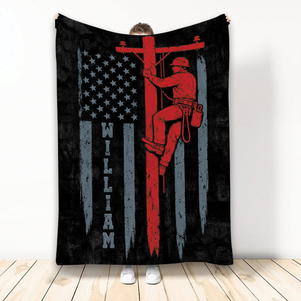 Lineman throw blanket featuring a utility worker climbing a pole in distressed patriotic flag artwork