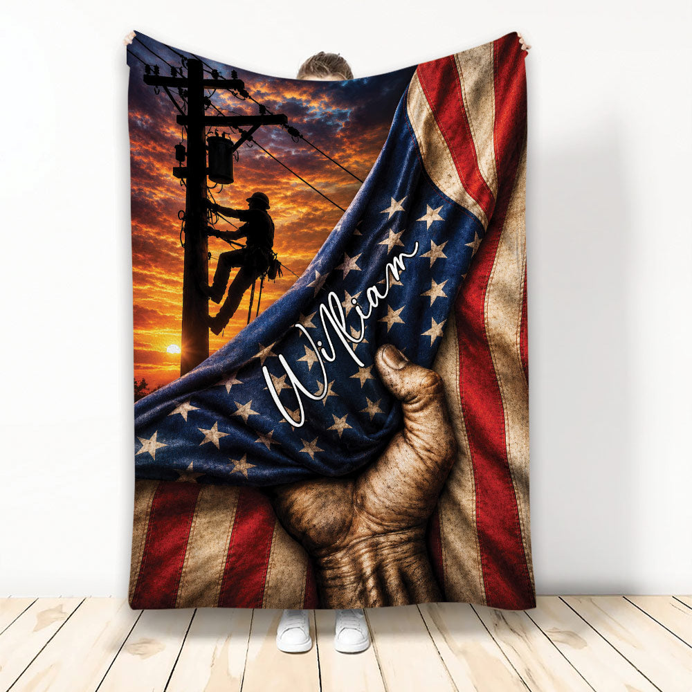 Lineman throw blanket with utility worker silhouette, power lines, sunset sky, and patriotic flag design