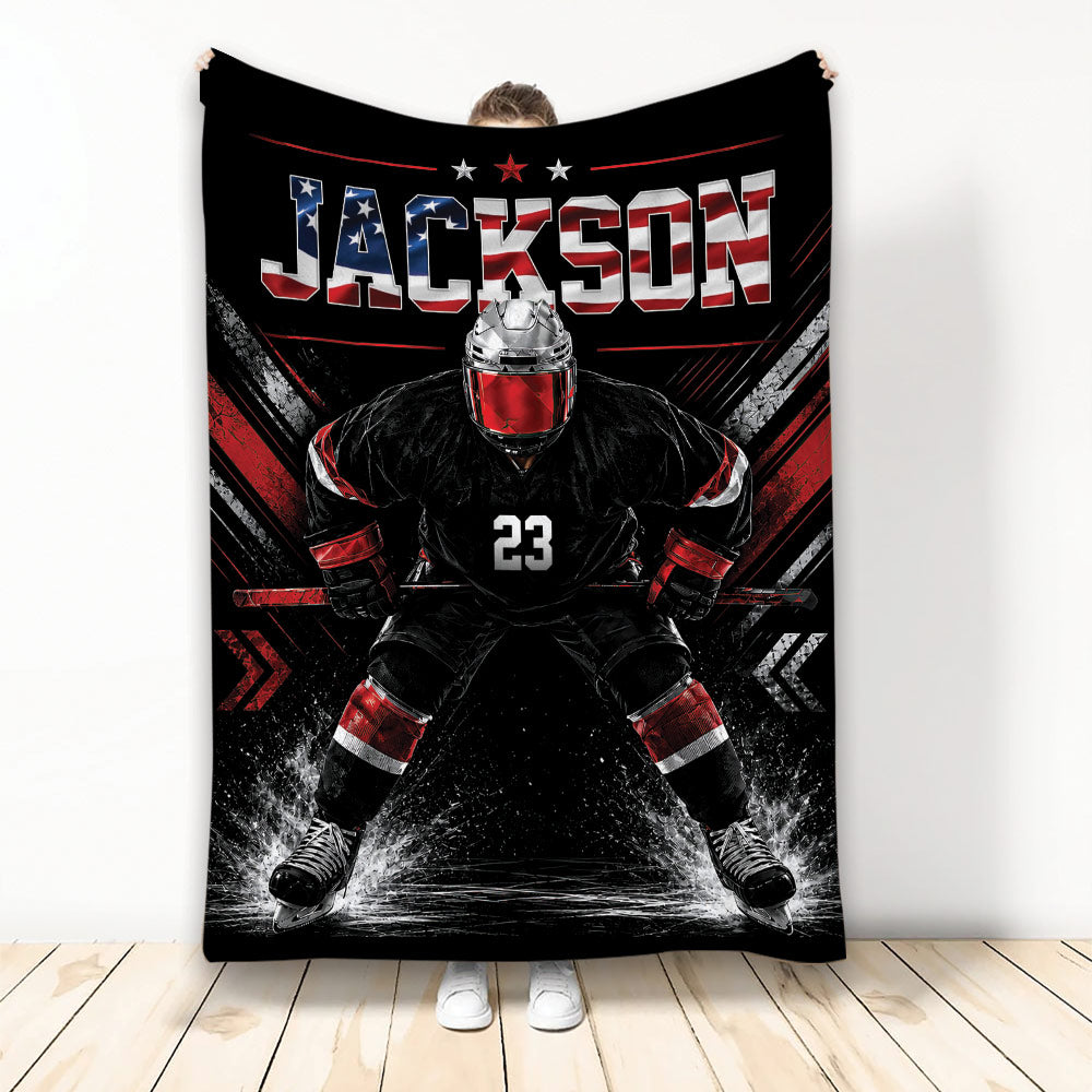 Hockey throw blanket featuring a goalie in black and red gear with bold patriotic sports artwork
