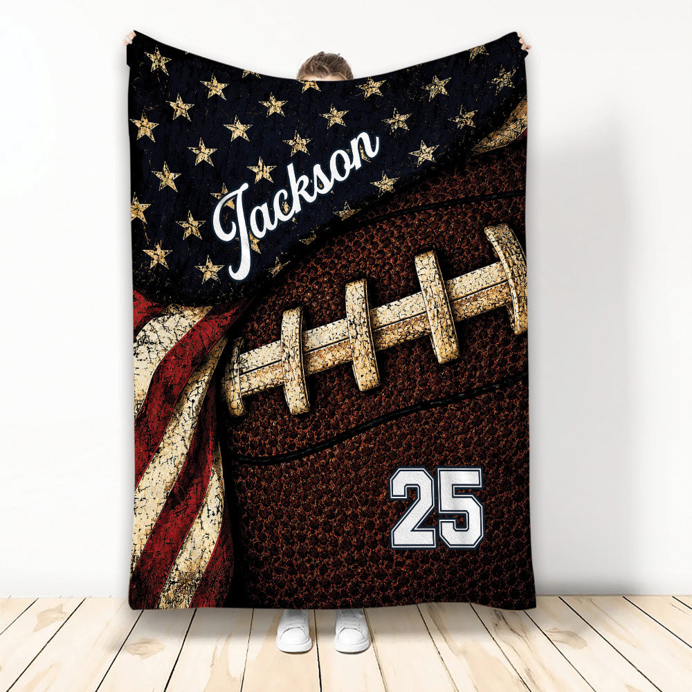 Custom football blanket featuring a textured football, gold stars, and bold red, white, and blue artwork
