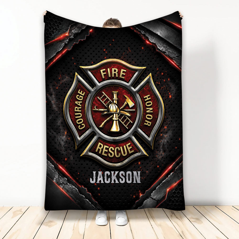 Firefighter throw blanket with red and black fire service emblem artwork