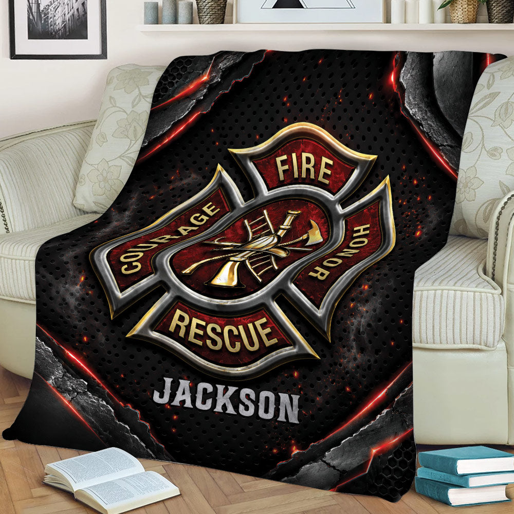Firefighter throw blanket draped over a sofa with rescue emblem design