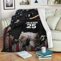 Baseball throw blanket draped over a couch with dramatic batter and distressed patriotic artwork