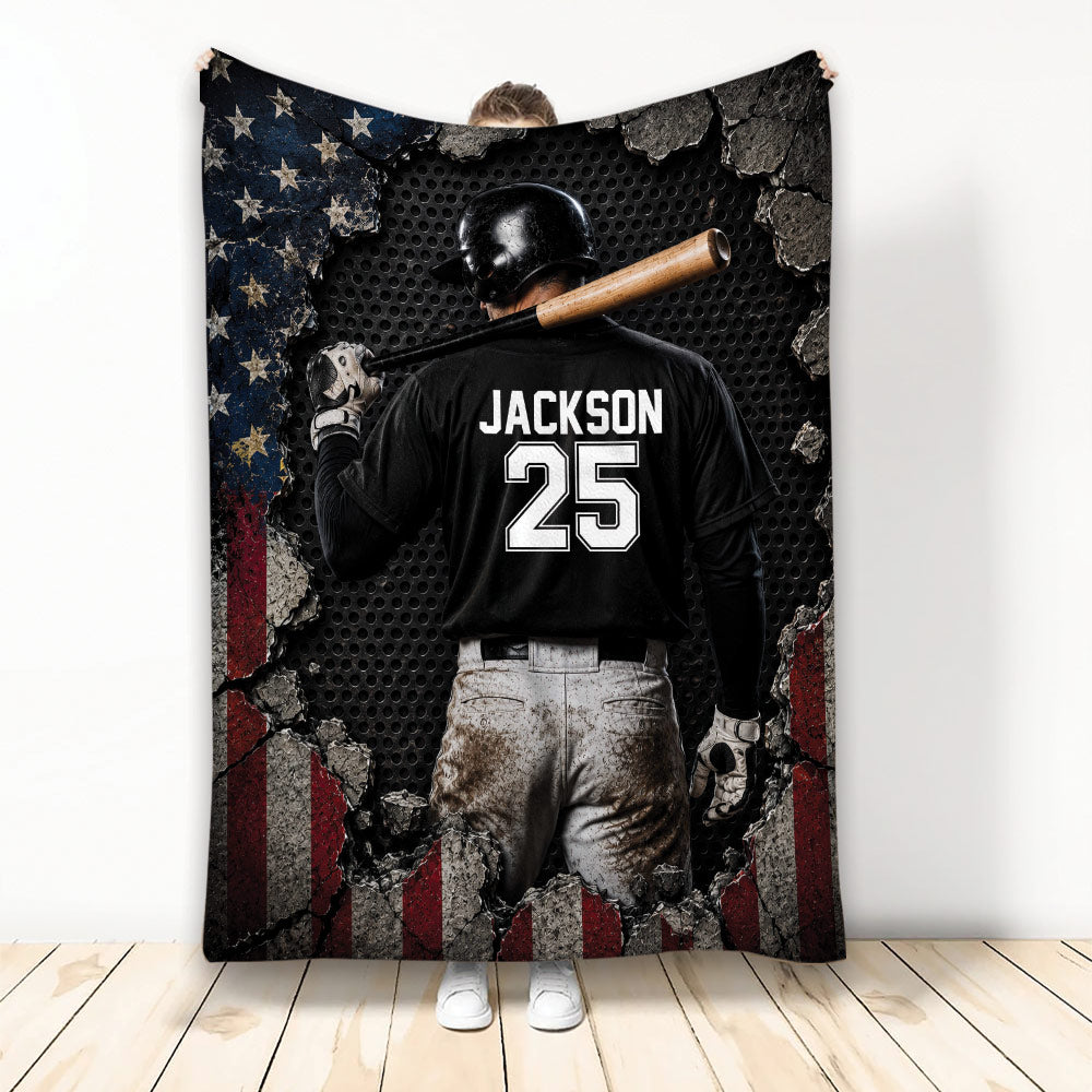 Baseball throw blanket featuring a batter with bat, helmet, distressed stars and stripes artwork