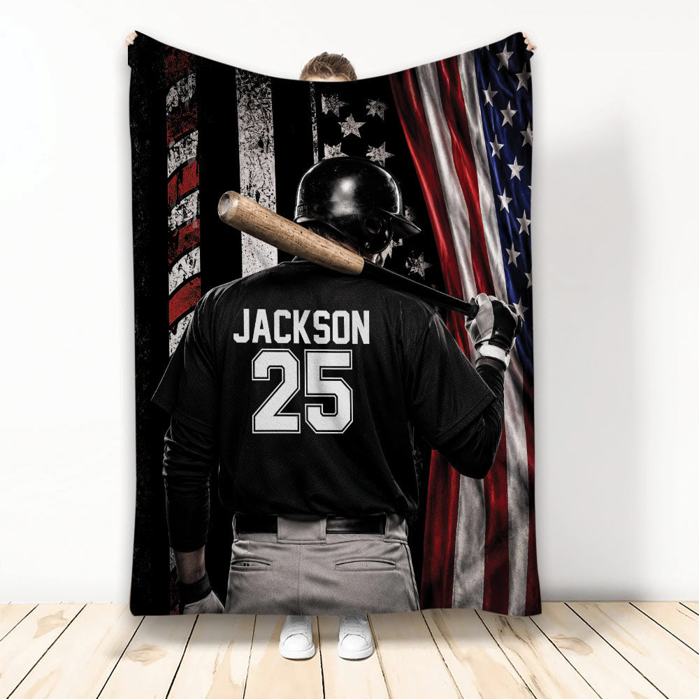 Baseball throw blanket featuring a helmeted batter silhouette and distressed American flag artwork