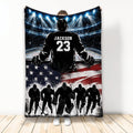 Hockey throw blanket featuring a player on an illuminated ice rink with patriotic stars and stripes artwork