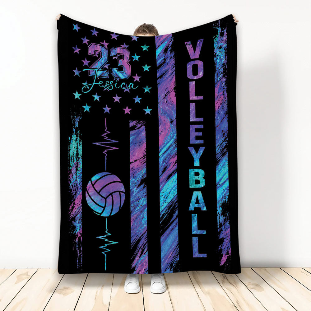 Volleyball throw blanket displayed with colorful stars, abstract stripes, and a volleyball graphic