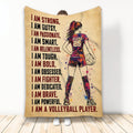 Volleyball blanket featuring a female player illustration, motivational words, and bold red, black, and gold artwork