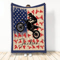 Motocross throw blanket featuring a dirt bike rider, red riding silhouettes, stars and patriotic colors
