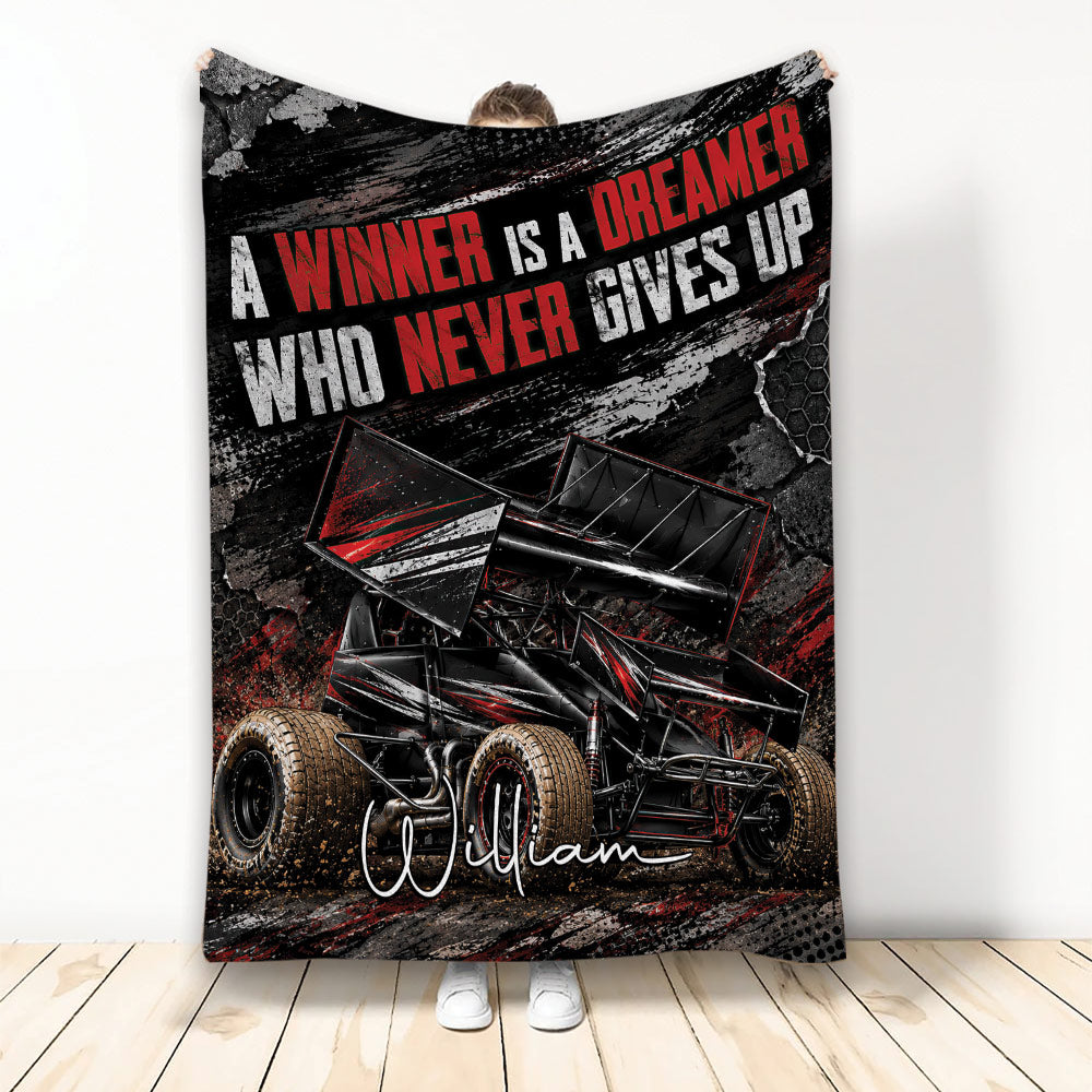 Dirt track racing blanket with winged sprint car artwork in black, red, and white