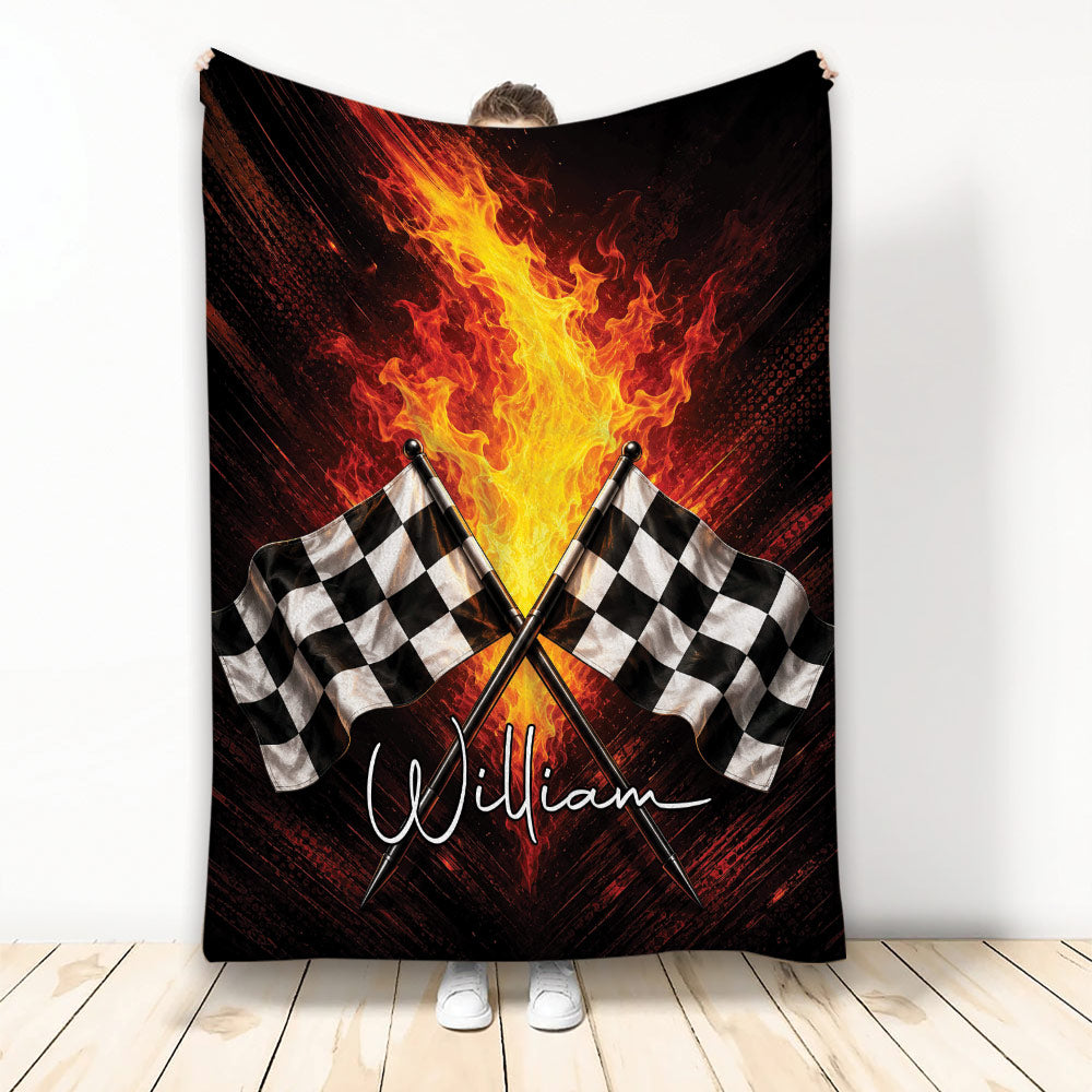 Racing blanket with crossed black and white checkered flags over a fiery black and red background