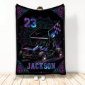 Dirt track racing blanket featuring a dramatic sprint car illustration with neon purple and blue accents