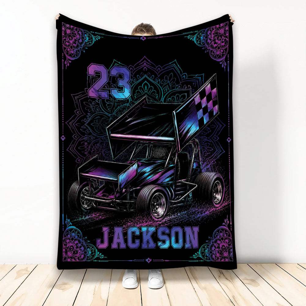 Dirt track racing blanket featuring a dramatic sprint car illustration with neon purple and blue accents