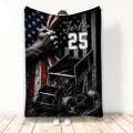 Dirt track racing throw blanket featuring a sprint car, patriotic stars and stripes artwork