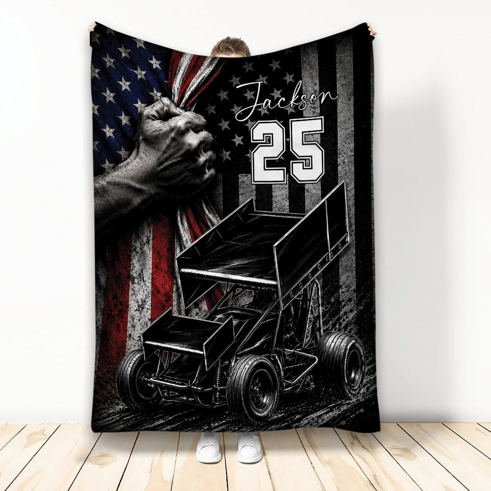 Dirt track racing throw blanket featuring a sprint car, patriotic stars and stripes artwork