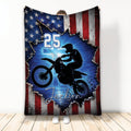 Motocross throw blanket with dirt bike rider, blue racing scene, and distressed American flag artwork