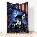 Dirt track racing blanket displayed with sprint car artwork and rugged American flag-inspired graphics