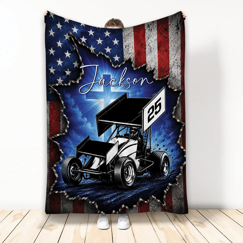 Dirt track racing blanket displayed with sprint car artwork and rugged American flag-inspired graphics