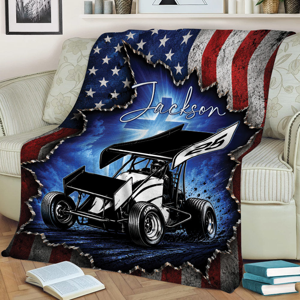 Close lifestyle view of a dirt track racing blanket featuring a sprint car on a blue track scene
