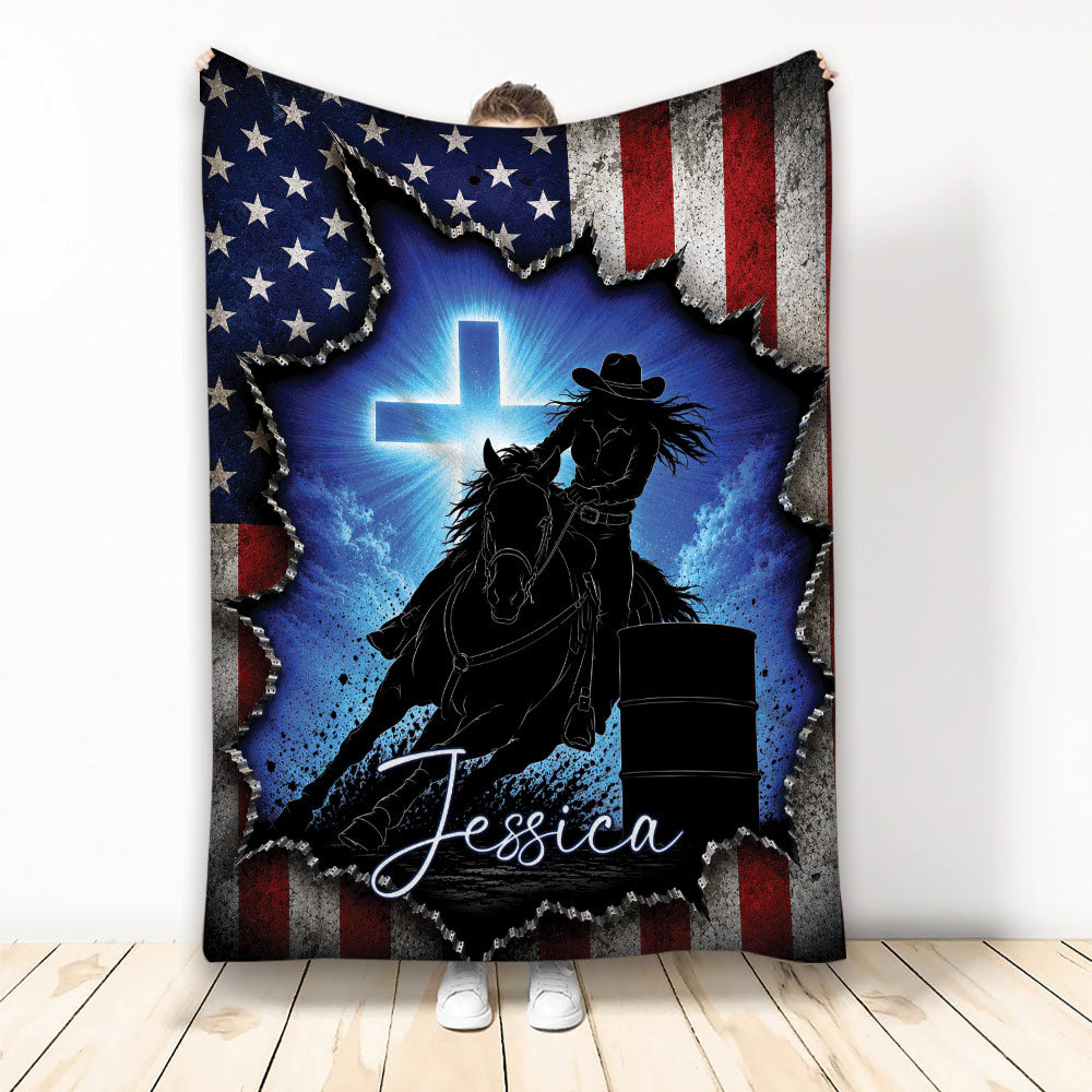 Barrel racing blanket with horse and rider silhouette, blue cross, stars, and patriotic red and gray design