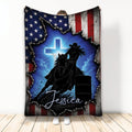 Barrel racing blanket with horse and rider silhouette, blue cross, stars, and patriotic red and gray design