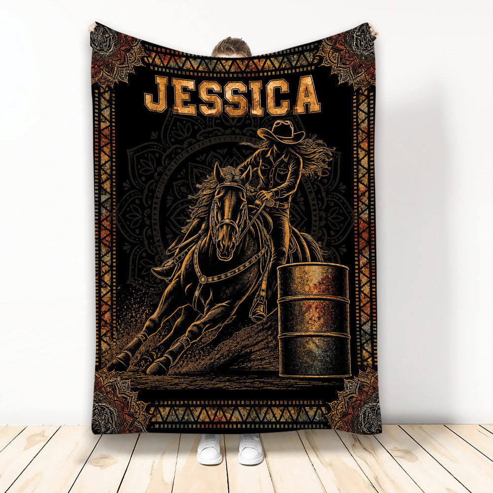 Barrel racing blanket with horse and rider rounding a barrel in black and bronze western artwork