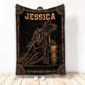 Barrel racing blanket with horse and rider rounding a barrel in black and bronze western artwork