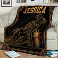 Western barrel racing blanket displayed on a couch with dramatic horse-and-rider artwork