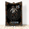 Motocross throw blanket displayed upright with dirt bike rider artwork and bold black, orange, and gray styling