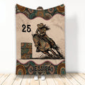 Barrel racing throw blanket featuring a mounted rider, horse, barrel, and ornate Western paisley artwork