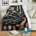 Custom dirt track racing throw blanket displayed on a sofa with sprint car artwork and distressed red, white, and blue design