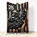 Dirt track racing blanket featuring a vintage sprint car illustration, stars, racing stripes, and rustic patriotic colors