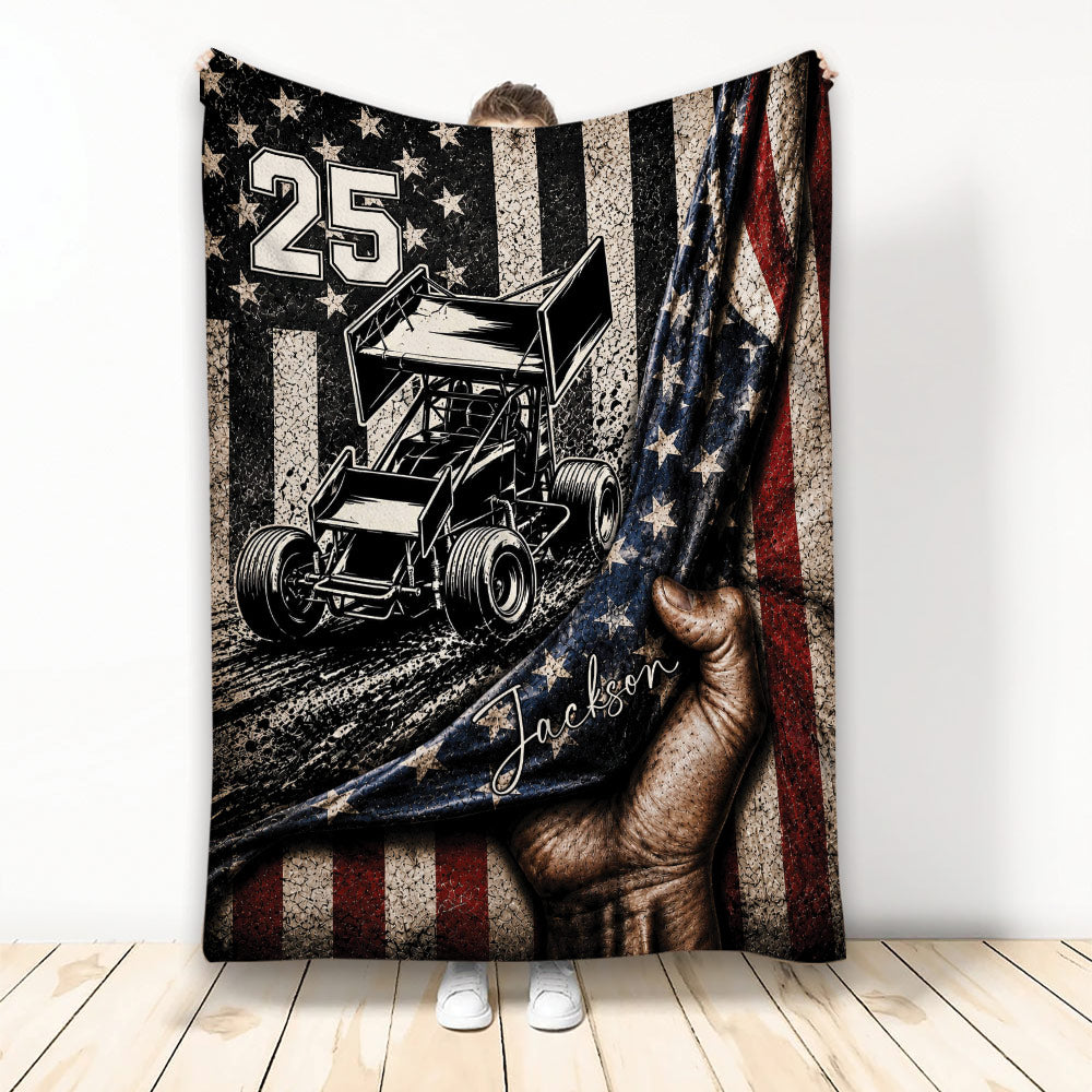 Dirt track racing blanket featuring a vintage sprint car illustration, stars, racing stripes, and rustic patriotic colors