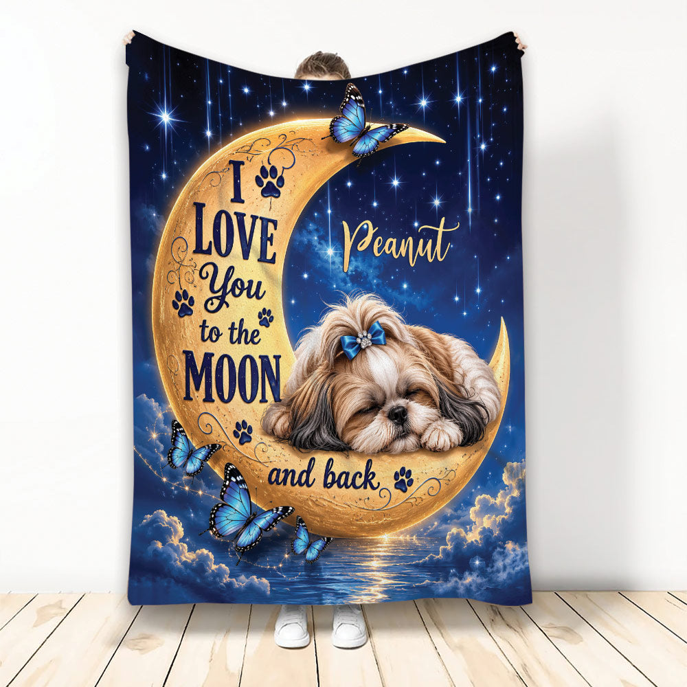 Shih Tzu throw blanket featuring a sleeping dog on a golden moon beneath a starry sky