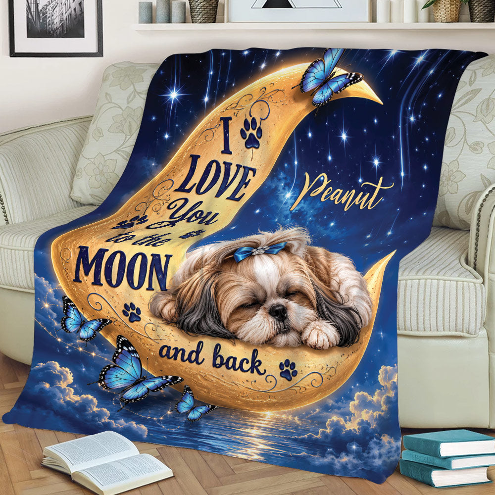 Shih Tzu throw blanket draped across a sofa with celestial moon and butterfly design