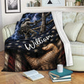 Lineman throw blanket displayed on a sofa with utility worker artwork, lightning, and flag-inspired colors