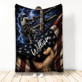 Custom lineman blanket featuring a utility worker on a power pole beneath lightning and patriotic colors