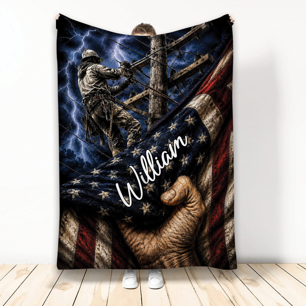 Custom lineman blanket featuring a utility worker on a power pole beneath lightning and patriotic colors