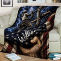 Lineman blanket styled in a living room with power pole artwork, storm clouds, lightning, and bold red and blue tones