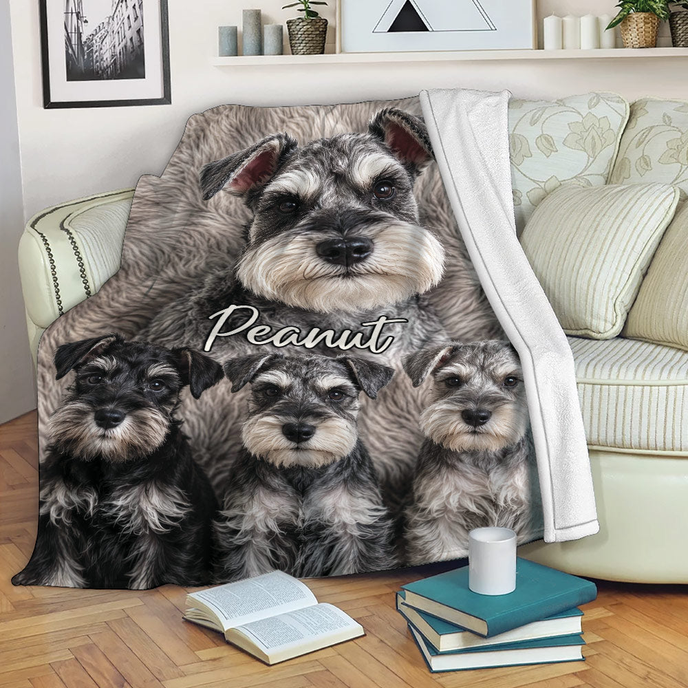 Miniature Schnauzer throw blanket displayed on a sofa with cozy dog artwork and neutral home decor
