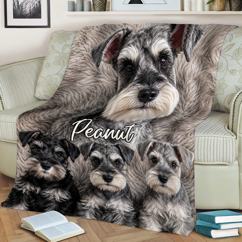 Miniature Schnauzer blanket draped across a sofa, featuring close-up gray and black dog artwork