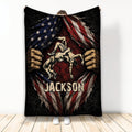 Wrestling throw blanket with grappling athletes, distressed patriotic flag artwork, and bold red, white, and blue colors