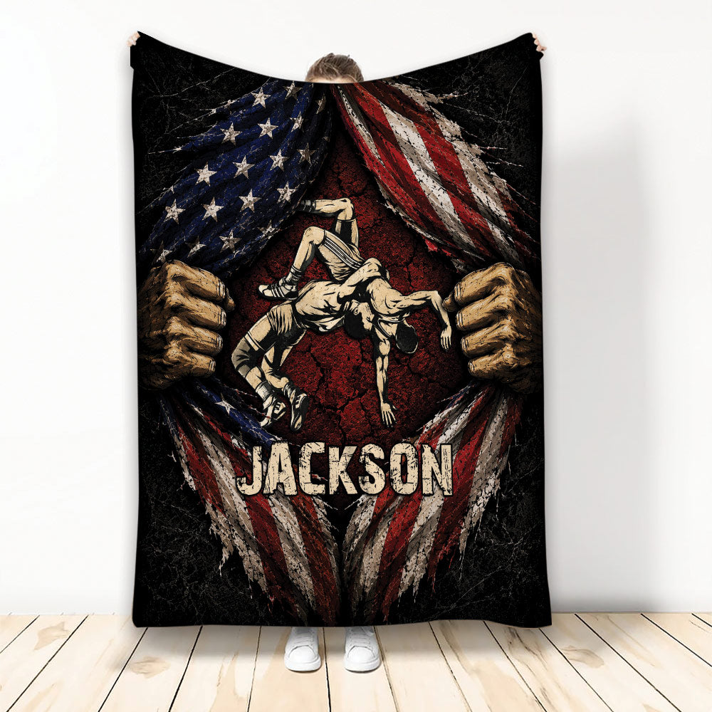 Wrestling throw blanket with grappling athletes, distressed patriotic flag artwork, and bold red, white, and blue colors