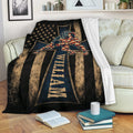 Wrestling blanket displayed on a sofa with two wrestlers, patriotic stars and stripes, and distressed vintage artwork