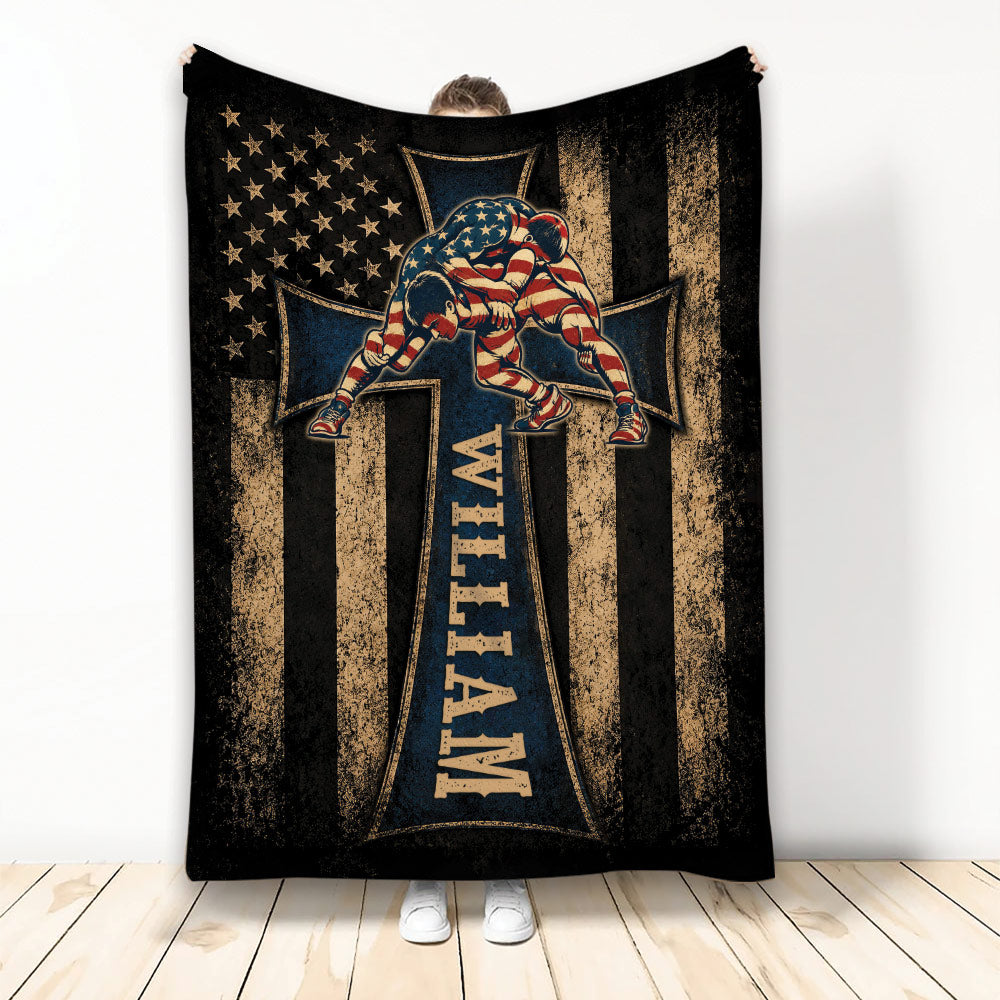 Wrestling throw blanket with two wrestlers, distressed American flag stripes, stars, and bold dark blue accents