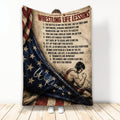 Wrestling throw blanket with illustrated wrestler, patriotic stars and stripes, and motivational life lessons