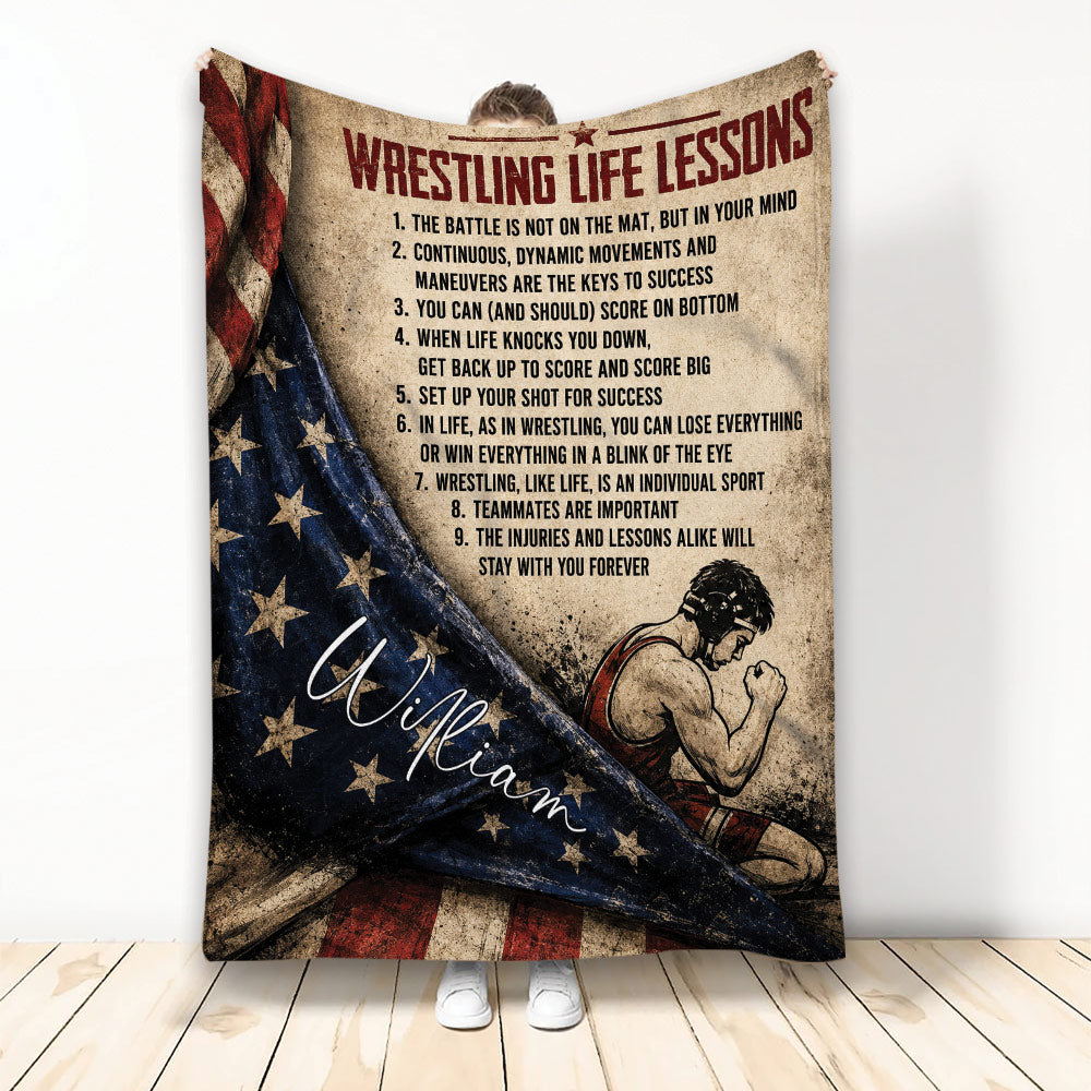 Wrestling throw blanket with illustrated wrestler, patriotic stars and stripes, and motivational life lessons